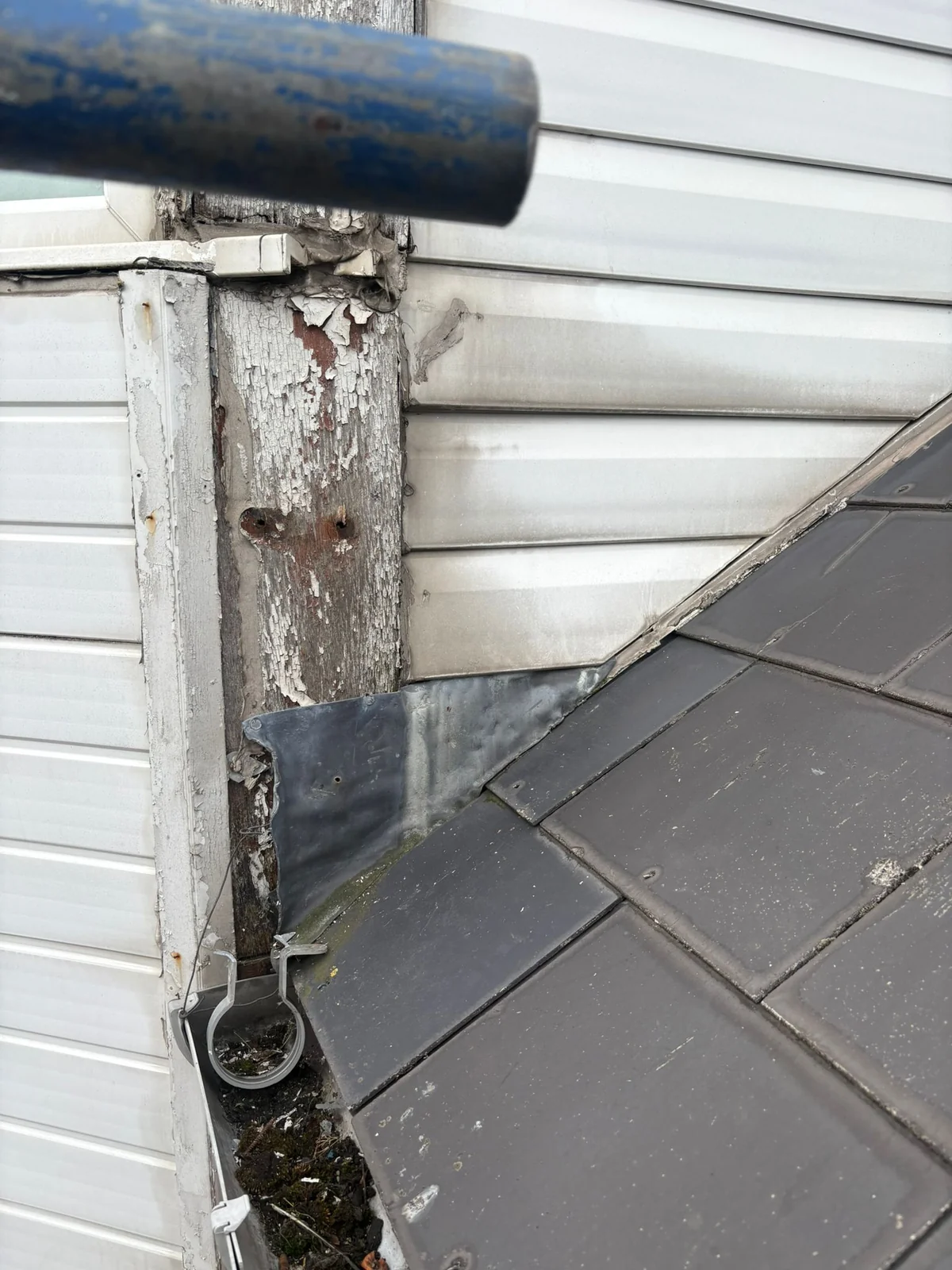 Access scaffold and opened rainwater pipework during the Blyth repair